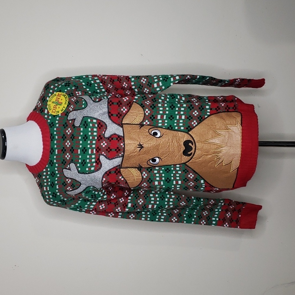Christmas Holiday Party Reindeer Ugly sweater drink holder size medium New!